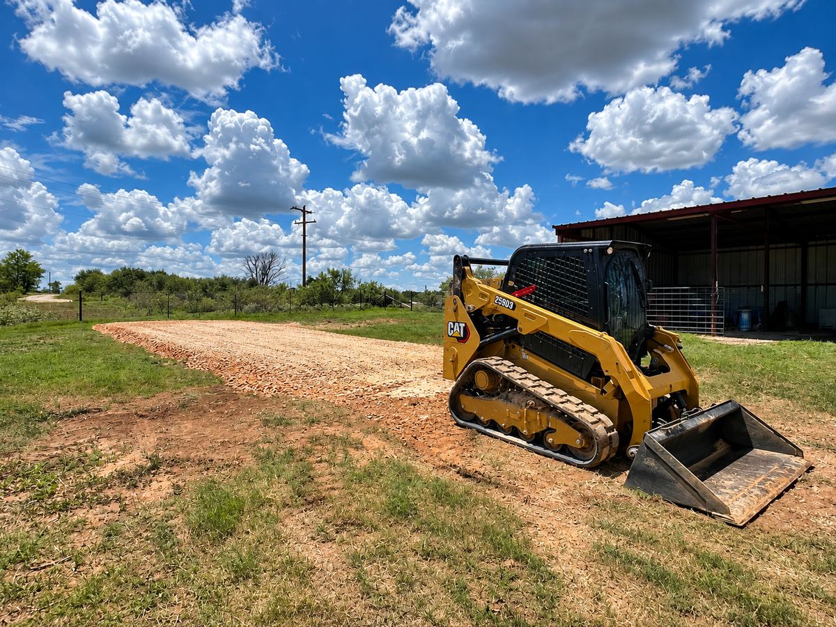 CAT skid steer with its bucket lowered on a graded gravel drive across open land