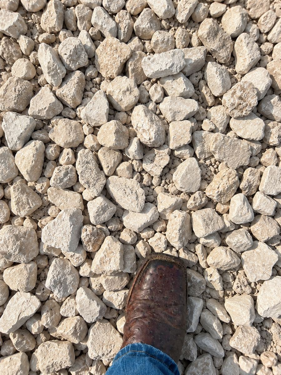 One-and-a-half limestone with a work boot for scale