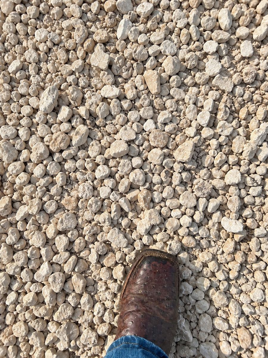 Three-quarter limestone with a work boot for scale