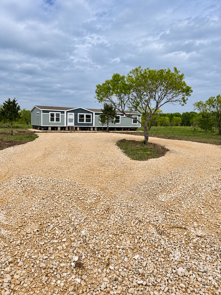 Finished crushed-stone driveway leading up to a home